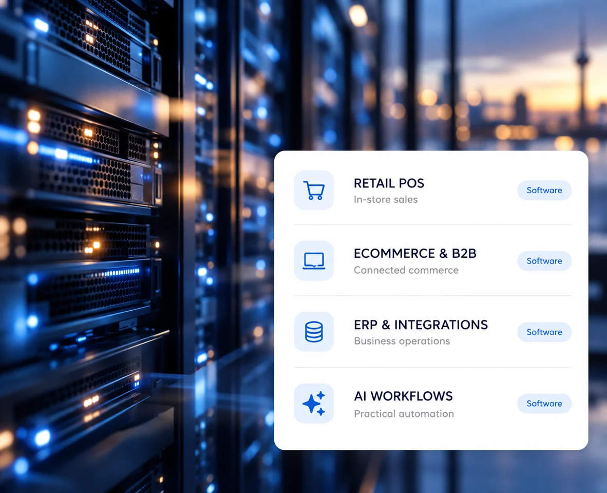 Illustrated POS, commerce, ERP and AI software portfolio against blue server hardware